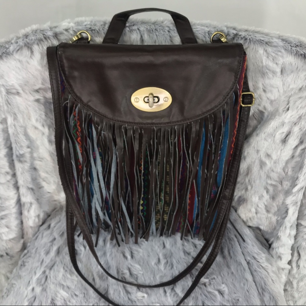 Embroidered Satchel Bag w/faux leather fringe